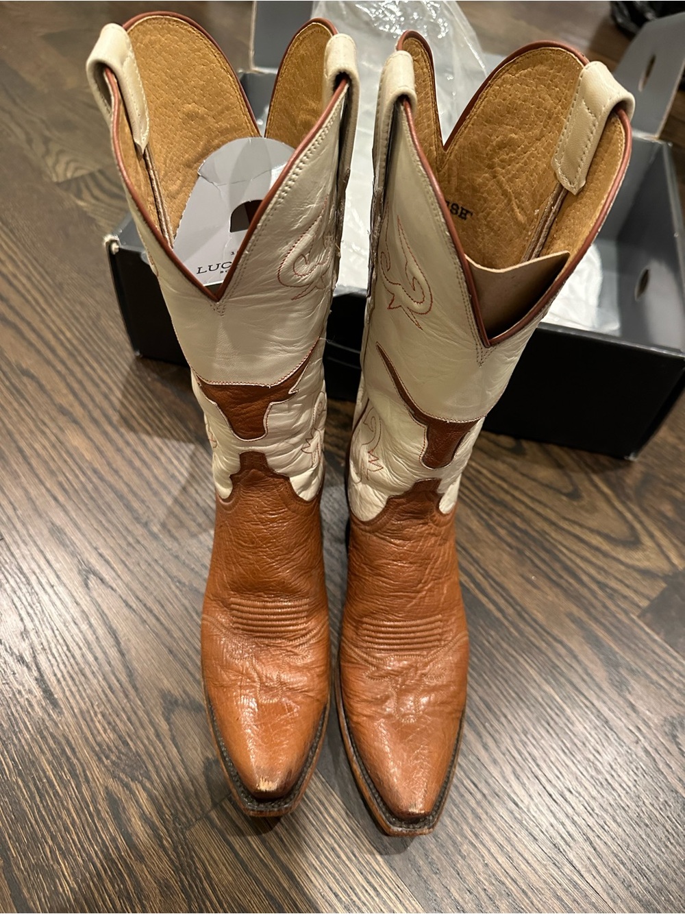 Lucchese Women Brown White Orange UT Austin Texas Longhorn Cowboy Boots US 7.5
